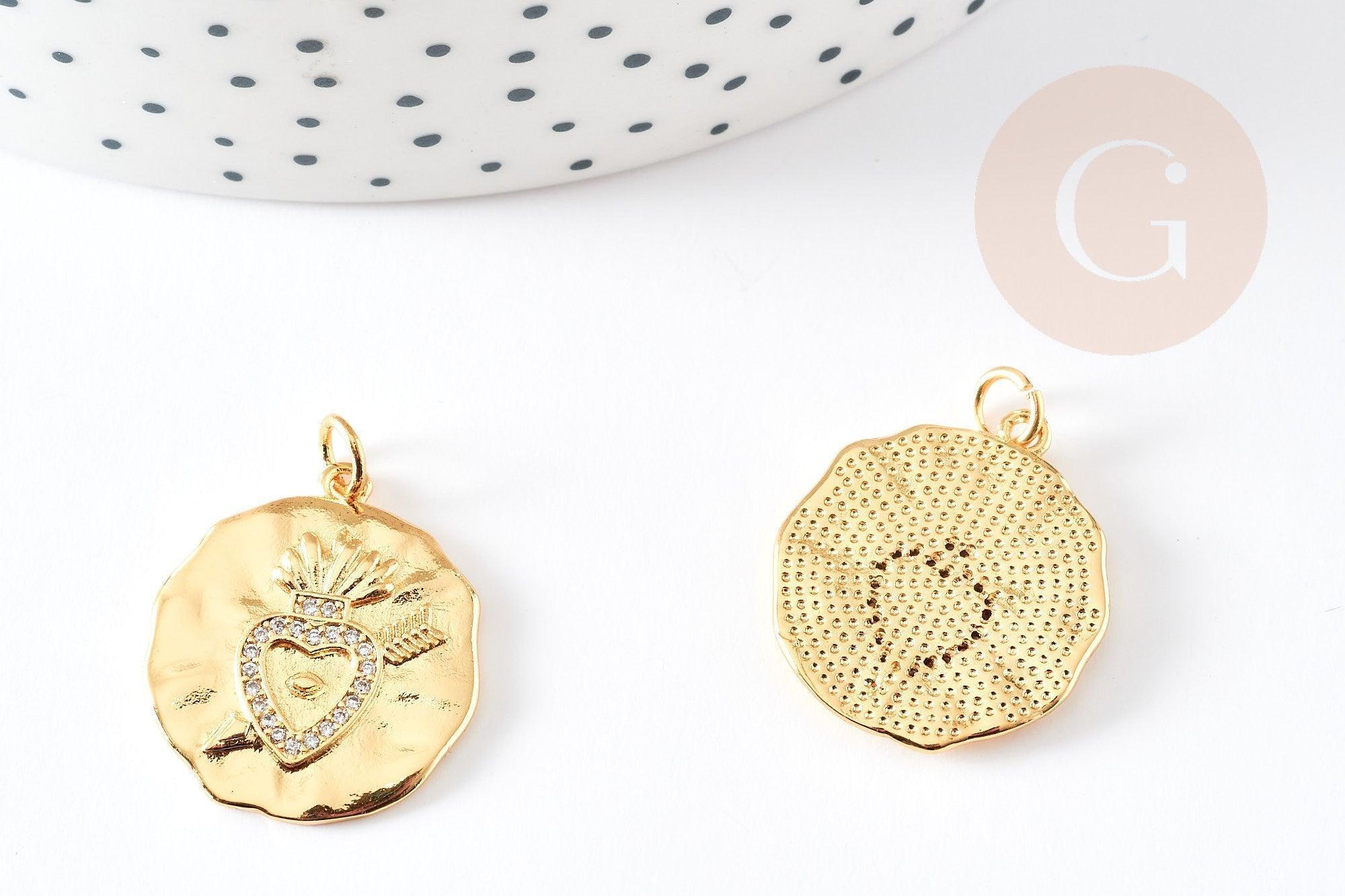 Pendentif médaille coeur sacré laiton doré 18k 22mm sans nickel, pendentif amour, x1 G5958