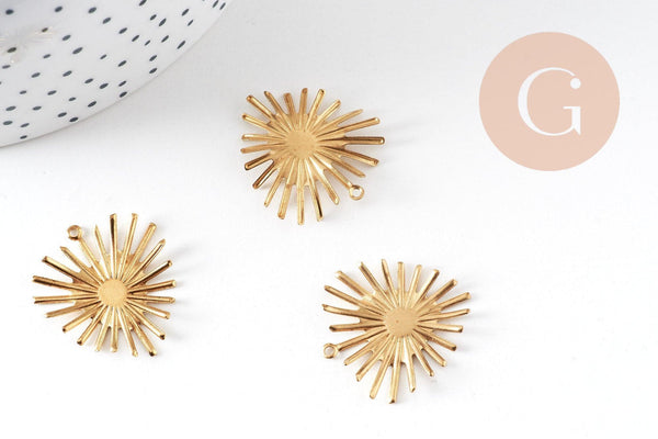 Pendentif médaille coeur soleil laiton brut, apprêt doré sans nickel, médaille dorée en laiton brut,26x24mm, X2 G3223