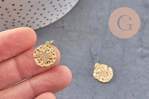 Pendentif médaille doré cristal zircon, pendentif doré,porte-bonheur,laiton dore,bijou médaille,création bijoux,17mm, x1 (G0482)