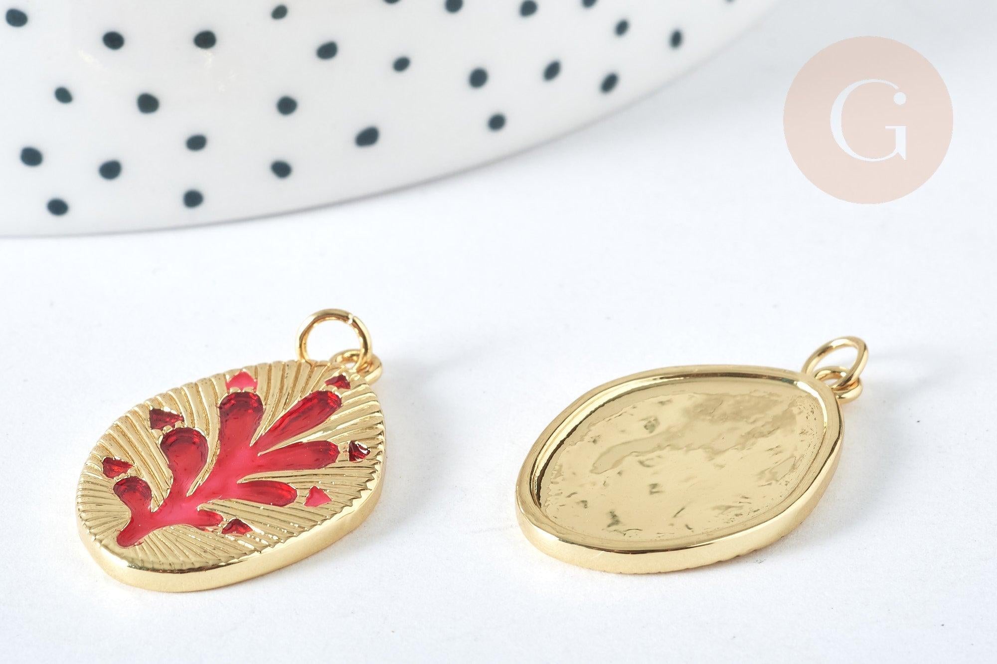 Pendentif médaille étoile laiton doré 20K émail rouge ,pendentif doré pendentif laiton doré,13.7x9mm,x1 (G7566)