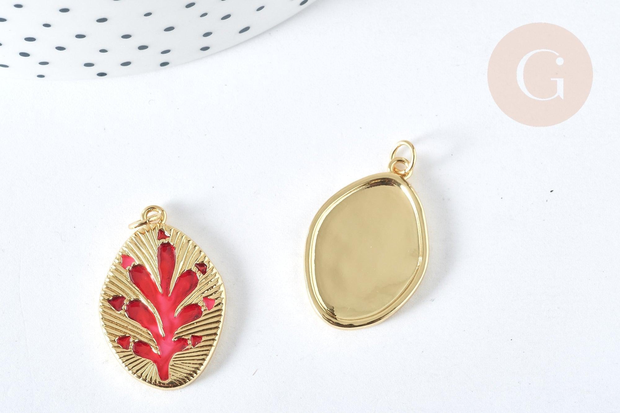 Pendentif médaille étoile laiton doré 20K émail rouge ,pendentif doré pendentif laiton doré,13.7x9mm,x1 (G7566)