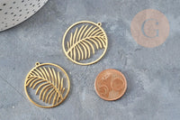 Pendentif médaille feuille palme acier inoxydable 201doré 32mm,breloque acier inoxydable doré sans nickel, x1 (G6189)