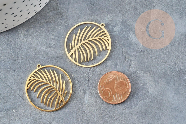 Pendentif médaille feuille palme acier inoxydable 201doré 32mm,breloque acier inoxydable doré sans nickel, x1 (G6189)