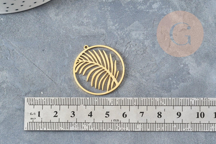 Pendentif médaille feuille palme acier inoxydable 201doré 32mm,breloque acier inoxydable doré sans nickel, x1 (G6189)