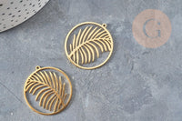 Pendentif médaille feuille palme acier inoxydable 201doré 32mm,breloque acier inoxydable doré sans nickel, x1 (G6189)