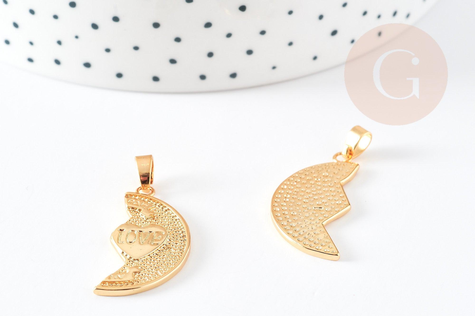Pendentif médaille moitié coeur laiton doré 30mm, x1 (G5339)