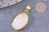 Pendentif médaille ovale coeur sacré ex-voto nacre naturelle laiton doré 20mm, x1 (G10624)