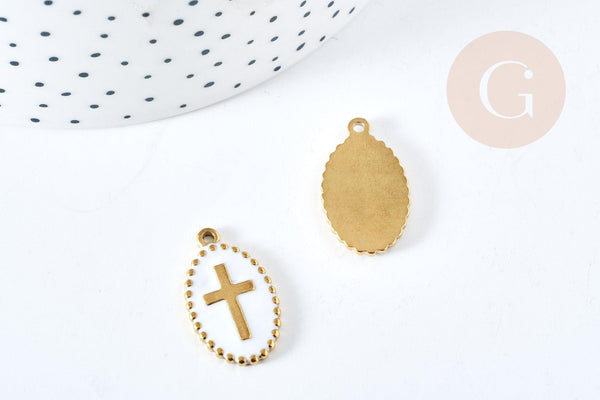 Pendentif médaille ovale croix émaillée acier 304 doré 18K inoxydable 23mm, x1 (G8717)