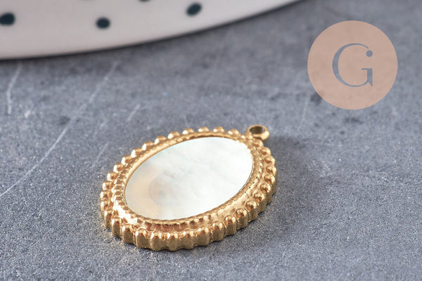 Pendentif médaille ovale nacre naturelle acier 304 inoxydable doré IP 21mm, x1 (G10752)