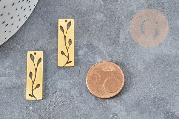 Pendentif médaille rectangle fleur acier 201 doré inoxydable 28mm, pendentif doré sans nickel pour création bijoux, x1 (G4789)