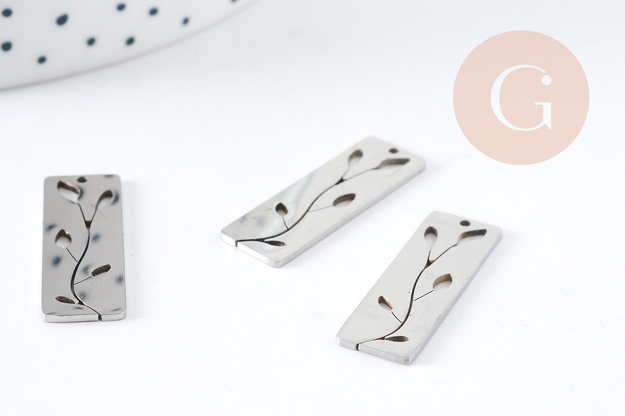 Pendentif médaille rectangle fleur acier 201 inoxydable argenté 28mm, x1 (G9130)