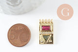 Pendentif médaille rectangle laiton doré zircon coloré 14.5mm, x1 (G3779)