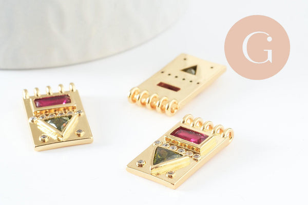 Pendentif médaille rectangle laiton doré zircon coloré, un pendentif doré avec cristaux pour création bijoux,14.5mm, x1 G3779