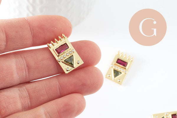 Pendentif médaille rectangle laiton doré zircon coloré, un pendentif doré avec cristaux pour création bijoux,14.5mm, x1 G3779