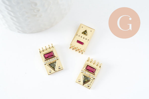 Pendentif médaille rectangle laiton doré zircon coloré, un pendentif doré avec cristaux pour création bijoux,14.5mm, x1 G3779