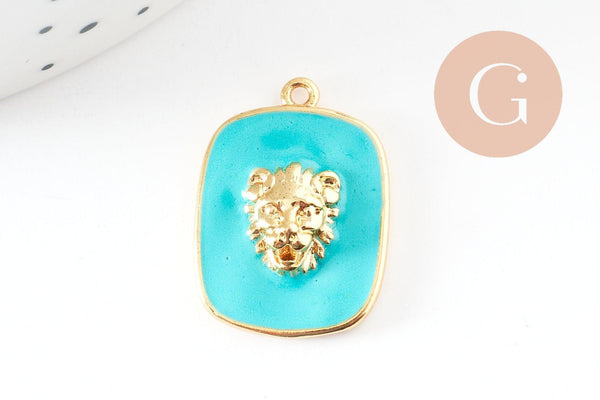 Pendentif médaille rectangle lion émail laiton doré 21.5mm, création bijoux animal x1 G9550