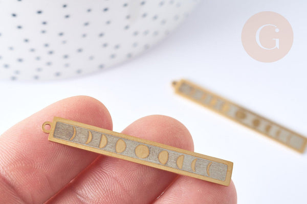 Pendentif médaille rectangle lune acier 201 doré inoxydable 45mm, x1 (G7918)