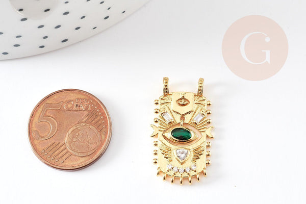 Pendentif médaille rectangle oeil protecteur laiton doré zircon 27.5mm, x1 G5957