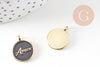 Pendentif médaille rond AMOR émail noir ou blanc laiton doré 20.5mm, x1 (G10823)