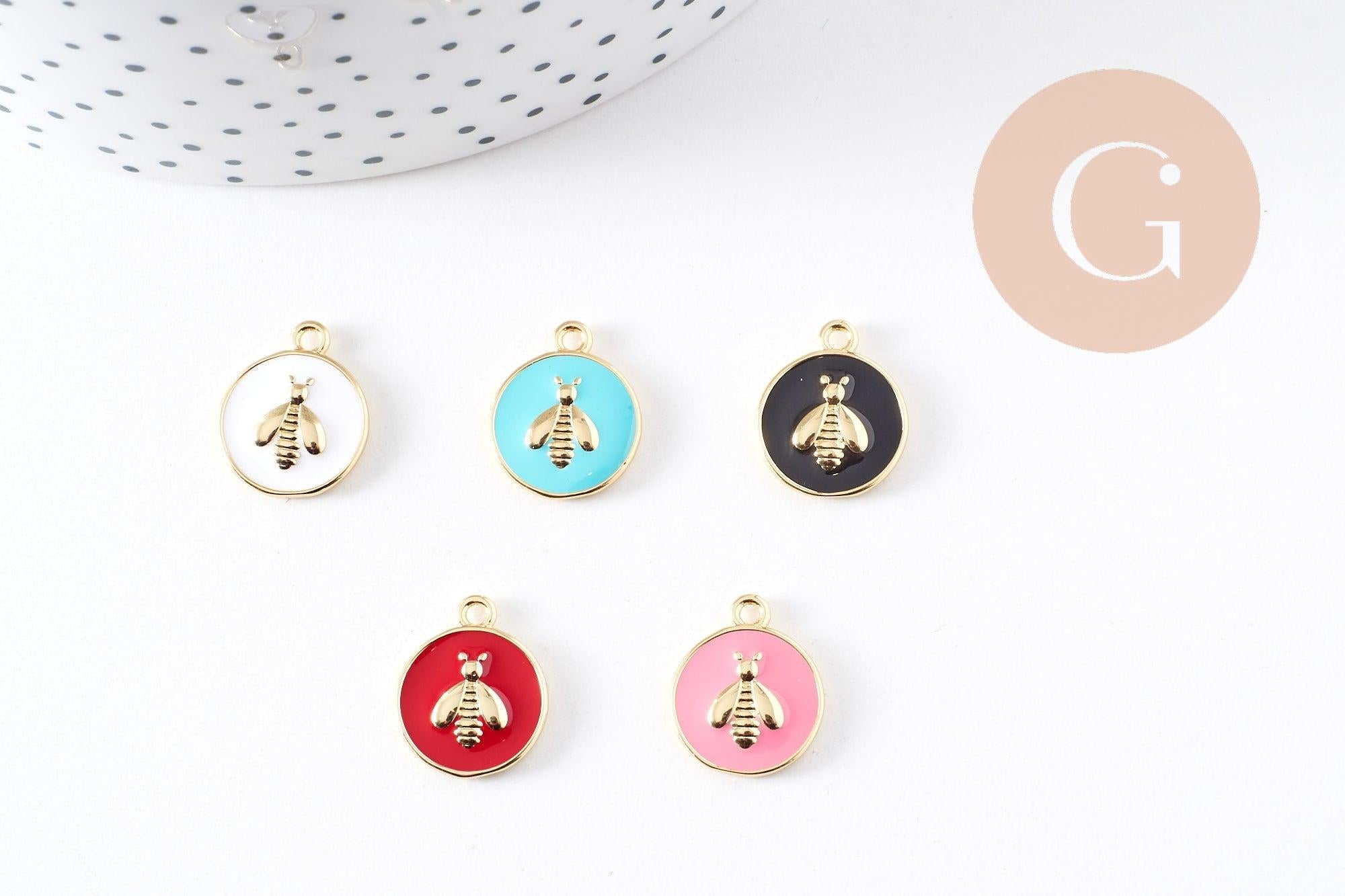 Pendentif médaille rond abeille émail laiton doré 16mm, x1 (G2942)