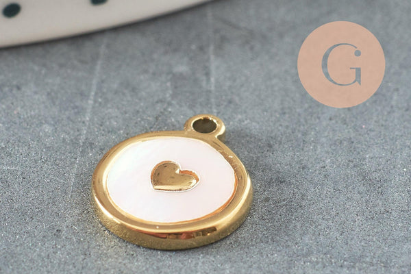 Pendentif médaille rond coeur émail blanc acier 304 doré 14K inoxydable IP, x1 (G9657)