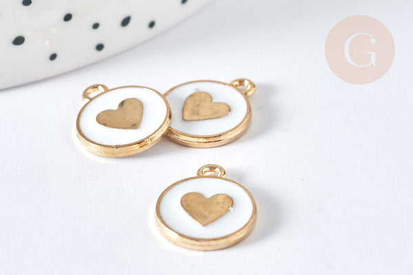 Pendentif médaille rond cœur émail blanc zamac doré 16mm, création bijou amour, x1 (G7426)