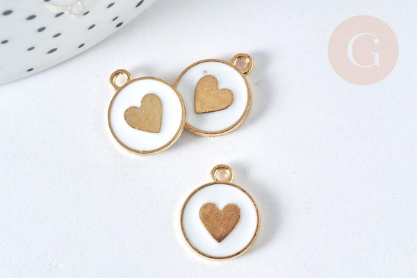 Pendentif médaille rond cœur émail blanc zamac doré 16mm, création bijou amour, x1 (G7426)
