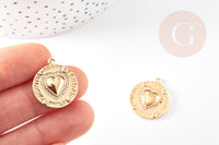Pendentif médaille rond coeur émail laiton doré 18K et zircon 23.5mm, x1 (G3589)