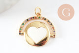 Pendentif médaille rond coeur émail laiton doré et zircon 21mm, x1 (G6191)