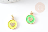 Pendentif médaille rond coeur émail laiton doré et zircon, pendentif laiton insecte,sans nickel,22mm,x1 G4064