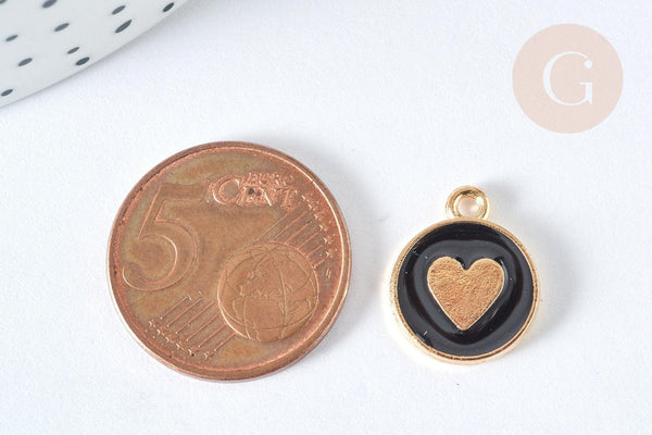Pendentif médaille rond cœur émail noir zamac doré, création bijou amour, x1 (G7421)