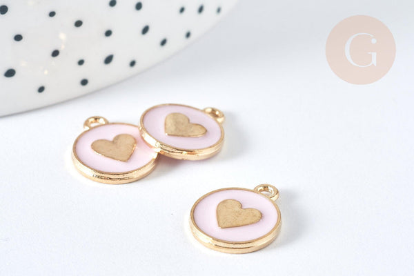 Pendentif médaille rond cœur émail rose clair zamac doré, création bijou amour, x1 (G7423)