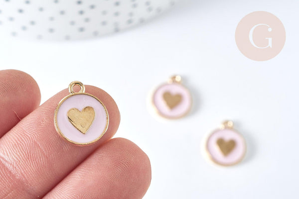 Pendentif médaille rond cœur émail rose clair zamac doré, création bijou amour, x1 (G7423)