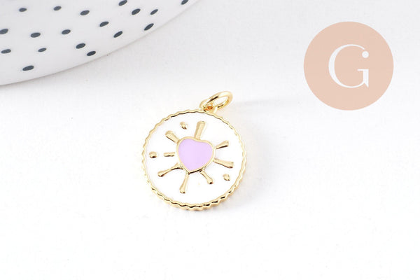 Pendentif médaille rond coeur émail rose laiton doré 18K 18mm , pendentif laiton coeur,sans nickel, x1 (G8420)