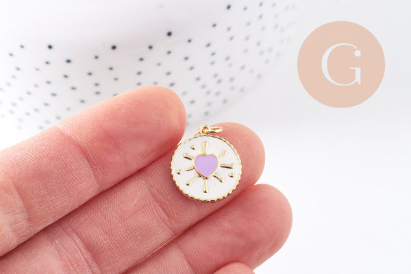 Pendentif médaille rond coeur émail rose laiton doré 18K 18mm , pendentif laiton coeur,sans nickel, x1 (G8420)