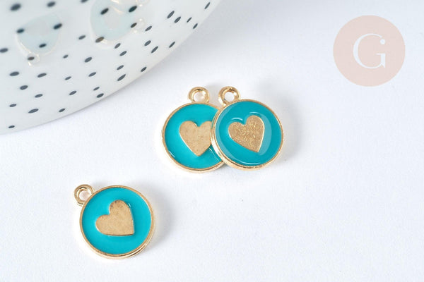 Pendentif médaille rond cœur émail turquoise zamac doré, création bijou amour, x1 (G7422)