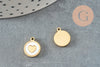 Pendentif médaille rond coeur nacre naturelle blanche acier 304 doré inoxydable, x1 (G9658)