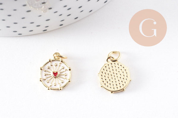 Pendentif médaille rond coeur sacré émail blanc laiton doré 15mm, x1 (G10169)