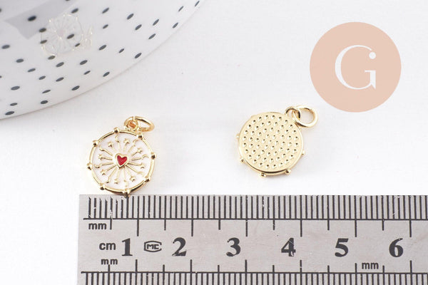Pendentif médaille rond coeur sacré émail blanc laiton doré 15mm, x1 (G10169)