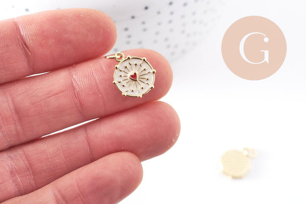 Pendentif médaille rond coeur sacré émail blanc laiton doré 15mm, x1 (G10169)