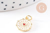 Pendentif médaille rond coeur sacré émail blanc laiton doré 15mm, x1 (G10169)