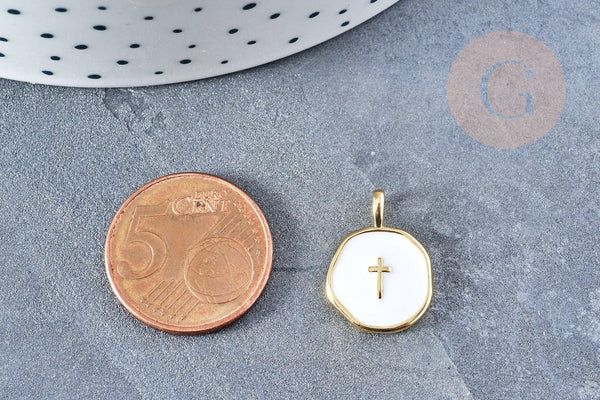 Pendentif médaille rond croix émail blanc laiton doré 18mm, pendentif laiton émaillé,sans nickel, x1 G8548