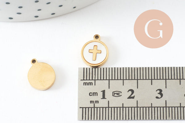 Pendentif médaille rond croix nacre naturelle blanche acier 304 doré inoxydable, x1 (G9693)