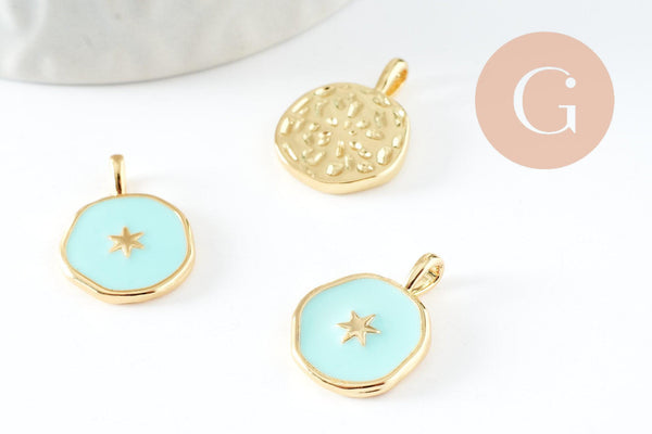 Pendentif médaille rond étoile émail bleu laiton doré, pendentif laiton émaillé,sans nickel,18mm, x1 G4271