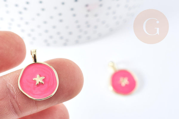 Pendentif médaille rond étoile émail rose ou bleu laiton doré 18mm, x1 (G8550)