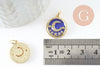 Pendentif médaille rond lune étoiles émail bleu laiton doré zircons, pendentif laiton émaillé,sans nickel,18mm, x1 (G5270)