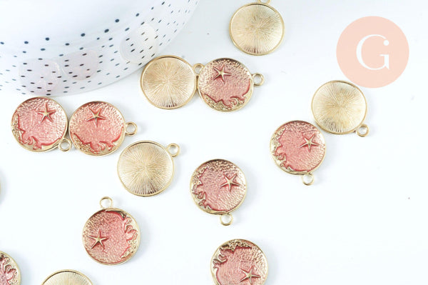 Pendentif médaille rond lune étoiles émail rose zamac doré 25mm, pendentif laiton émaillé,sans nickel, x1 (G6373)