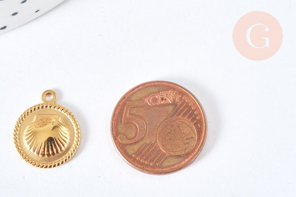 Pendentif médaille ronde Coquillage acier 316 doré inoxydable 18mm, x1 (G7126)