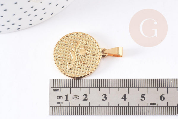 Pendentif médaille ronde Lion acier 304 inoxydable doré à graver 29mm, x1 (G0521)