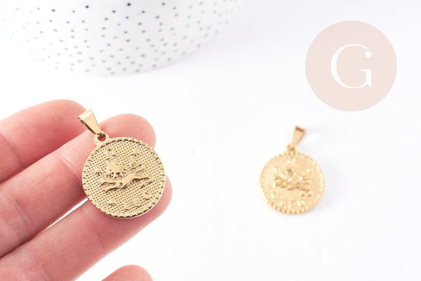 Pendentif médaille ronde Lion acier 304 inoxydable doré à graver 29mm, x1 (G0521)